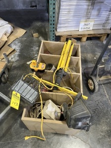 LOT ASSORTED - WORK LIGHT, CIRCULAR SAW BLADES, RYOBI BATTERY, ETC