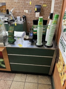 CASH COUNTER WITH 4 CUP DISPENSERS (NO POS COMPONENTS) - 63''W x 34''D (LOCATED IN PLANTATION, FL)
