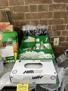LOT ASSORTED CONDIMENTS, UTENSILS, PACKAGING HOLDERS, ETC (LOCATED IN PLANTATION, FL)