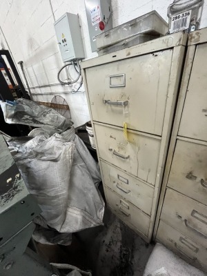 FILE CABINET WITH 4 DRAWERS & CONTENTS (BLADES, HARDWARE, SANDPAPER, ETC)