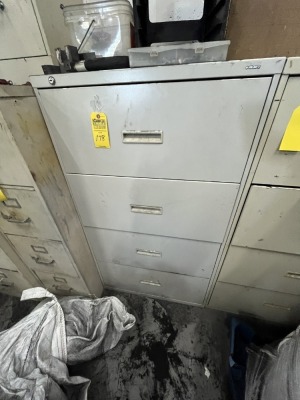 FILE CABINET WITH 4 DRAWERS & CONTENTS (TOOLS, PLUMBING SUPPLIES, SQUARE, ETC)