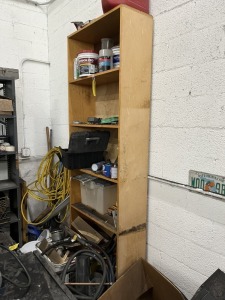 SHELVING UNIT WITH 5 SHELVES & CONTENTS (GROUT, BONDO, HOSE REEL, ETC)