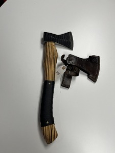 AXE - CUSTOM HANDMADE DAMASCUS STEEL - WOOD HANDLE - LEATHER GRIP - LAMINATED LEATHER SHEATH