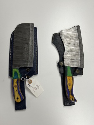 CLEAVERS - CUSTOM HANDMADE DAMASCUS STEEL - PAKKA WOOD HANDLE - LAMINATED LEATHER SHEATH