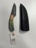 KNIFE - CUSTOM HANDMADE DAMASCUS STEEL - RESIN & PAKKA WOOD HANDLE - LAMINATED LEATHER SHEATH