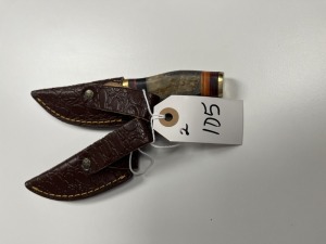 SMALL SKINNING KNIVES - CUSTOM HANDMADE DAMASCUS STEEL - BONE HANDLE - LAMINATED LEATHER SHEATH