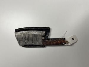 CLEAVER - CUSTOM HANDMADE DAMASCUS STEEL - PAKKA WOOD HANDLE - LAMINATED LEATHER SHEATH