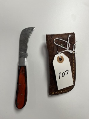 FOLDING HAWKBILL PRUNING KNIFE - CUSTOM HANDMADE DAMASCUS STEEL - PAKKA WOOD HANDLE - LAMINATED LEATHER SHEATH