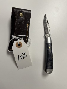 POCKET KNIFE - CUSTOM HANDMADE DAMASCUS STEEL - PAKKA WOOD HANDLE - LAMINATED LEATHER SHEATH