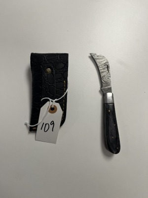 FOLDING PRUNING KNIFE - CUSTOM HANDMADE DAMASCUS STEEL - PAKKA WOOD HANDLE - LAMINATED LEATHER SHEATH