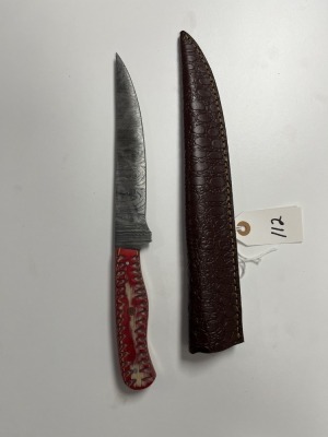HUNTING KNIFE - CUSTOM HANDMADE DAMASCUS STEEL - PAKKA WOOD HANDLE - LAMINATED LEATHER SHEATH