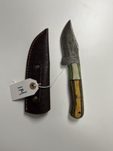 HUNTING KNIFE - CUSTOM HANDMADE DAMASCUS STEEL - PAKKA WOOD HANDLE - LAMINATED LEATHER SHEATH