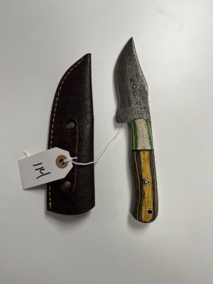 HUNTING KNIFE - CUSTOM HANDMADE DAMASCUS STEEL - PAKKA WOOD HANDLE - LAMINATED LEATHER SHEATH