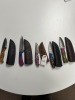 ASSORTED HUNTING / SKINNING KNIVES - CUSTOM HANDMADE DAMASCUS STEEL - RESIN & PAKKA WOOD HANDLE - LAMINATED LEATHER SHEATH