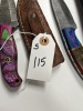 ASSORTED HUNTING / SKINNING KNIVES - CUSTOM HANDMADE DAMASCUS STEEL - RESIN & PAKKA WOOD HANDLE - LAMINATED LEATHER SHEATH - 3
