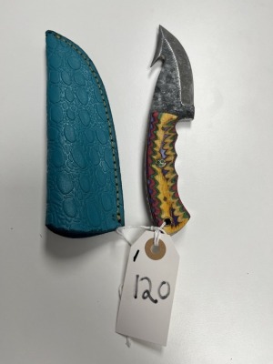 GUT HOOK HUNTING / SKINNING KNIFE - CUSTOM HANDMADE DAMASCUS STEEL - PAKKA WOOD HANDLE - LAMINATED LEATHER SHEATH
