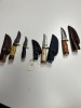 ASSORTED HUNTING / SKINNING KNIVES - CUSTOM HANDMADE DAMASCUS STEEL - 3- PAKKA WOOD HANDLE / 1- BONE HANDLE - LAMINATED LEATHER SHEATH
