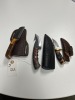 ASSORTED KNIVES - 1- SKINNING KNIFE - BONE HANDLE / 1- GUT HOOK SKINNING KNIFE / 1- BULL CUTTER KNIFE - CUSTOM HANDMADE DAMASCUS STEEL - ALL LAMINATED LEATHER SHEATH