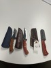 ASSORTED KNIVES - 1- BULL CUTTER KNIFE / 1- GUT HOOK SKINNING KNIFE / 1- SKINNING KNIFE - CUSTOM HANDMADE DAMASCUS STEEL - PAKKA WOOD HANDLE - LAMINATED LEATHER SHEATH