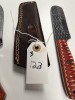 ASSORTED KNIVES - 1- BULL CUTTER KNIFE / 1- GUT HOOK SKINNING KNIFE / 1- SKINNING KNIFE - CUSTOM HANDMADE DAMASCUS STEEL - PAKKA WOOD HANDLE - LAMINATED LEATHER SHEATH - 2