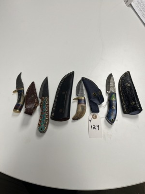 ASSORTED SKINNING KNIVES - CUSTOM HANDMADE DAMASCUS STEEL - LAMINATED LEATHER SHEATH - 2- PAKKA WOOD HANDLE / 2- BONE HANDLE