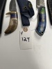 ASSORTED SKINNING KNIVES - CUSTOM HANDMADE DAMASCUS STEEL - LAMINATED LEATHER SHEATH - 2- PAKKA WOOD HANDLE / 2- BONE HANDLE - 2