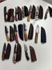 ASSORTED KNIVES - HUNTING / SKINNING / BULL CUTTER / MORE - CUSTOM HANDMADE DAMASCUS STEEL - LAMINATED LEATHER SHEATH - 6- PAKKA WOOD HANDLE / 7- RESIN HANDLE