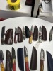 ASSORTED KNIVES - HUNTING / SKINNING / BULL CUTTER / MORE - CUSTOM HANDMADE DAMASCUS STEEL - LAMINATED LEATHER SHEATH - 6- PAKKA WOOD HANDLE / 7- RESIN HANDLE - 2