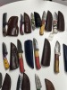 ASSORTED KNIVES - HUNTING / SKINNING / BULL CUTTER / MORE - CUSTOM HANDMADE DAMASCUS STEEL - LAMINATED LEATHER SHEATH - 6- PAKKA WOOD HANDLE / 7- RESIN HANDLE - 3