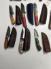ASSORTED KNIVES - HUNTING / SKINNING / BULL CUTTER / MORE - CUSTOM HANDMADE DAMASCUS STEEL - LAMINATED LEATHER SHEATH - 6- PAKKA WOOD HANDLE / 7- RESIN HANDLE - 4