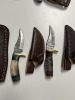 ASSORTED KNIVES - 1- DAGGER / 2- BULL CUTTER / HUNTING / SKINNING - CUSTOM HANDMADE DAMASCUS STEEL - 2- PAKKA WOOD HANDLE / 4- RESIN HANDLE / 2- BONE HANDLE - LAMINATED LEATHER SHEATH - 2