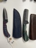ASSORTED KNIVES - 1- DAGGER / 2- BULL CUTTER / HUNTING / SKINNING - CUSTOM HANDMADE DAMASCUS STEEL - 2- PAKKA WOOD HANDLE / 4- RESIN HANDLE / 2- BONE HANDLE - LAMINATED LEATHER SHEATH - 3