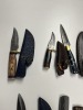 ASSORTED KNIVES - 1- DAGGER / 2- BULL CUTTER / HUNTING / SKINNING - CUSTOM HANDMADE DAMASCUS STEEL - 2- PAKKA WOOD HANDLE / 4- RESIN HANDLE / 2- BONE HANDLE - LAMINATED LEATHER SHEATH - 4
