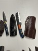 ASSORTED KNIVES - 1- DAGGER / 2- BULL CUTTER / HUNTING / SKINNING - CUSTOM HANDMADE DAMASCUS STEEL - 2- PAKKA WOOD HANDLE / 4- RESIN HANDLE / 2- BONE HANDLE - LAMINATED LEATHER SHEATH - 5