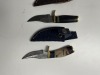 SMALL SKINNING KNIVES - CUSTOM HANDMADE DAMASCUS STEEL - 2- CURVED BONE HANDLE / 1- BONE HANDLE / 1- RESIN HANDLE - LAMINATED LEATHER SHEATH - 2