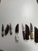 ASSORTED SKINNING KNIVES - CUSTOM HANDMADE DAMASCUS STEEL - 2- BONE HANDLE / 2- PAKKA WOOD HANDLE - LAMINATED LEATHER SHEATH