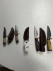 ASSORTED SKINNING KNIVES - CUSTOM HANDMADE DAMASCUS STEEL - 2- BONE HANDLE / 2- PAKKA WOOD HANDLE - LAMINATED LEATHER SHEATH - 2