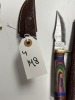 ASSORTED SKINNING KNIVES - CUSTOM HANDMADE DAMASCUS STEEL - 2- BONE HANDLE / 2- PAKKA WOOD HANDLE - LAMINATED LEATHER SHEATH - 3