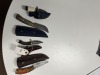 ASSORTED SKINNING KNIVES - 3- RESIN HANDLE / 1- CURVED BONE HANDLE - CUSTOM HANDMADE DAMASCUS STEEL - LAMINATED LEATHER SHEATH