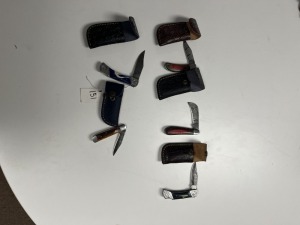 ASSORTED POCKET KNIVES - 3- RESIN HANDLE / 1- PAKKA WOOD HANDLE / 1- HAWKBILL PRUNING POCKET KNIFE - CUSTOM HANDMADE DAMASCUS STEEL - LAMINATED LEATHER SHEATH