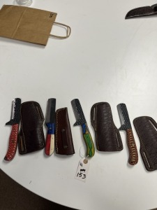 BULL CUTTER KNIVES - CUSTOM HANDMADE DAMASCUS STEEL - PAKKA WOOD HANDLE - LAMINATED LEATHER SHEATH
