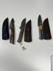 ASSORTED SKINNING KNIVES - CUSTOM HANDMADE DAMASCUS STEEL - PAKKA WOOD HANDLE - LAMINATED LEATHER SHEATH (RED HANDLE HAS SMALL FLAW)