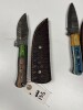 ASSORTED SKINNING KNIVES - CUSTOM HANDMADE DAMASCUS STEEL - PAKKA WOOD HANDLE - LAMINATED LEATHER SHEATH (RED HANDLE HAS SMALL FLAW) - 3