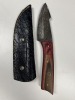 ASSORTED SKINNING KNIVES - CUSTOM HANDMADE DAMASCUS STEEL - PAKKA WOOD HANDLE - LAMINATED LEATHER SHEATH (RED HANDLE HAS SMALL FLAW) - 4