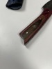 ASSORTED SKINNING KNIVES - CUSTOM HANDMADE DAMASCUS STEEL - PAKKA WOOD HANDLE - LAMINATED LEATHER SHEATH (RED HANDLE HAS SMALL FLAW) - 6