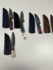 ASSORTED SKINNING KNIVES - 3- RESIN HANDLE / 2- PAKKA WOOD HANDLE - CUSTOM HANDMADE DAMASCUS STEEL - LAMINATED LEATHER SHEATH