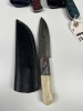ASSORTED SKINNING KNIVES - 3- RESIN HANDLE / 2- PAKKA WOOD HANDLE - CUSTOM HANDMADE DAMASCUS STEEL - LAMINATED LEATHER SHEATH - 3