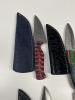 ASSORTED SKINNING KNIVES - 3- RESIN HANDLE / 2- PAKKA WOOD HANDLE - CUSTOM HANDMADE DAMASCUS STEEL - LAMINATED LEATHER SHEATH - 4