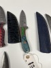 ASSORTED SKINNING KNIVES - 3- RESIN HANDLE / 2- PAKKA WOOD HANDLE - CUSTOM HANDMADE DAMASCUS STEEL - LAMINATED LEATHER SHEATH - 5
