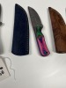 ASSORTED SKINNING KNIVES - 3- RESIN HANDLE / 2- PAKKA WOOD HANDLE - CUSTOM HANDMADE DAMASCUS STEEL - LAMINATED LEATHER SHEATH - 7